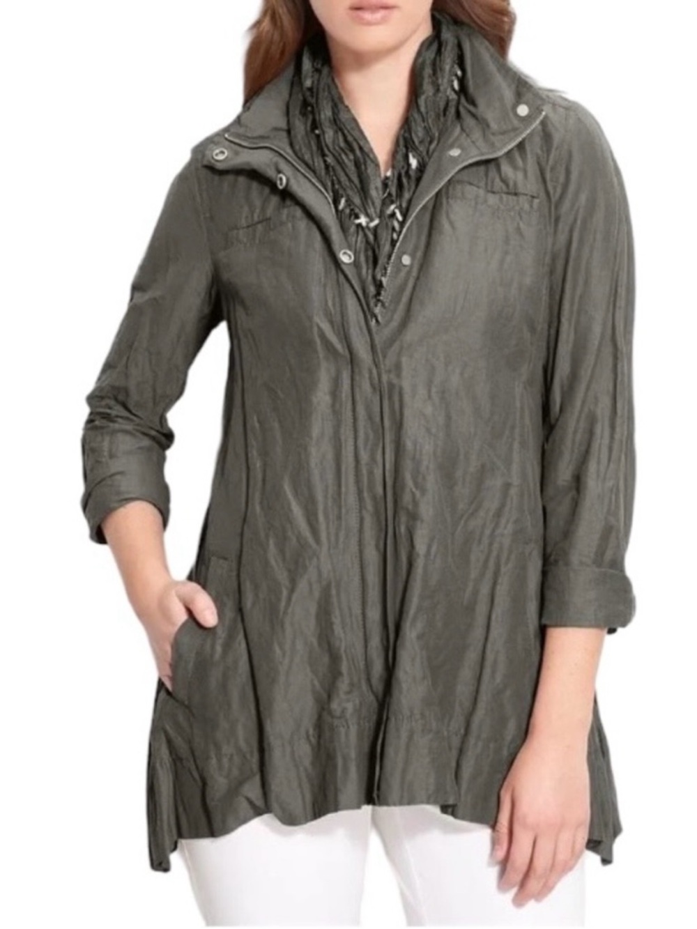Eileen Fisher Women’s Convertible Organic Cotton Light Jacket Hood XS Grey Coat